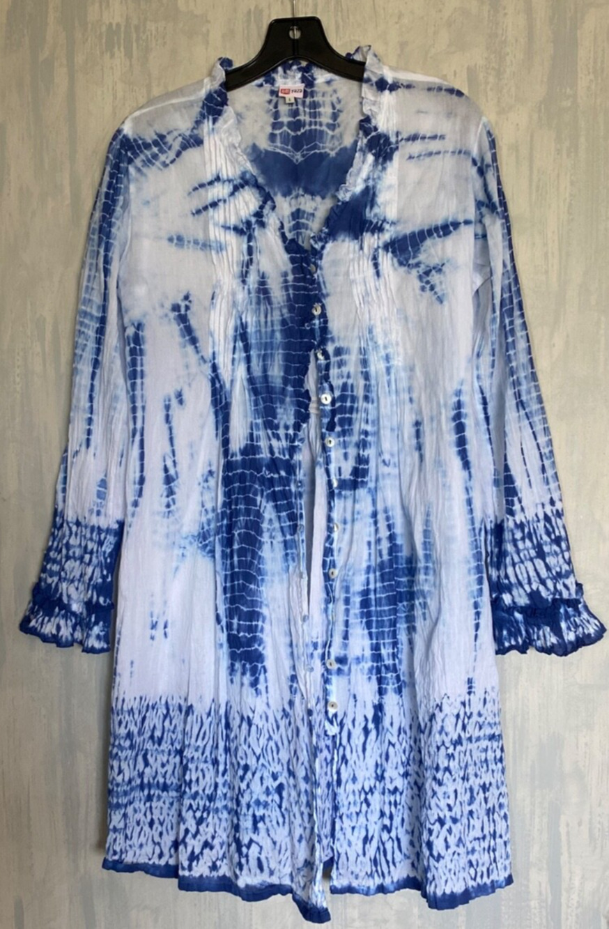 YAZA Couture Ethical Clothing Blue / White Shibori Dye Tunic Dress 100% Cotton L